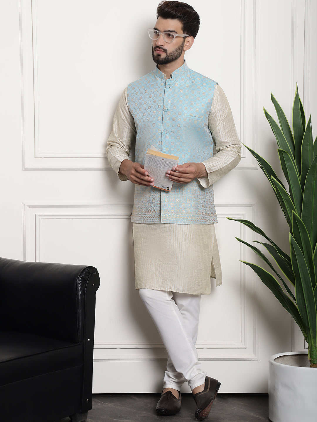 Men's Silk Blend Cream Kurta and Off-White Pyjama With Blue Nehru Jacket