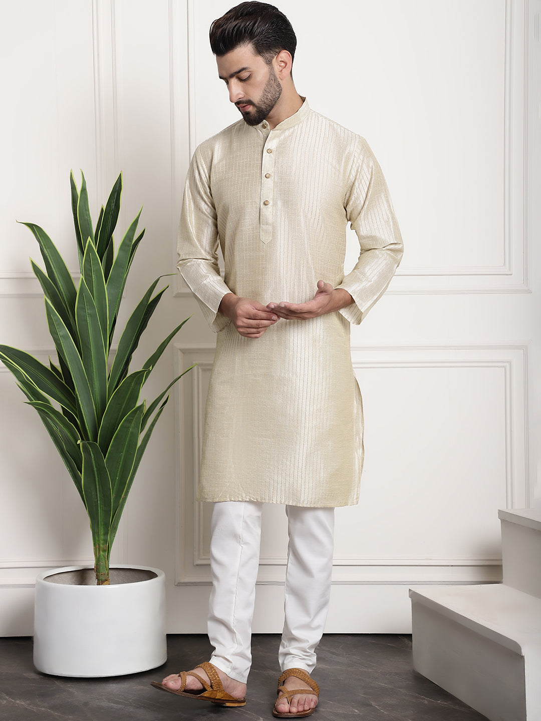 Men's Silk Blend Cream Kurta and Off-White Pyjama With Blue Nehru Jacket