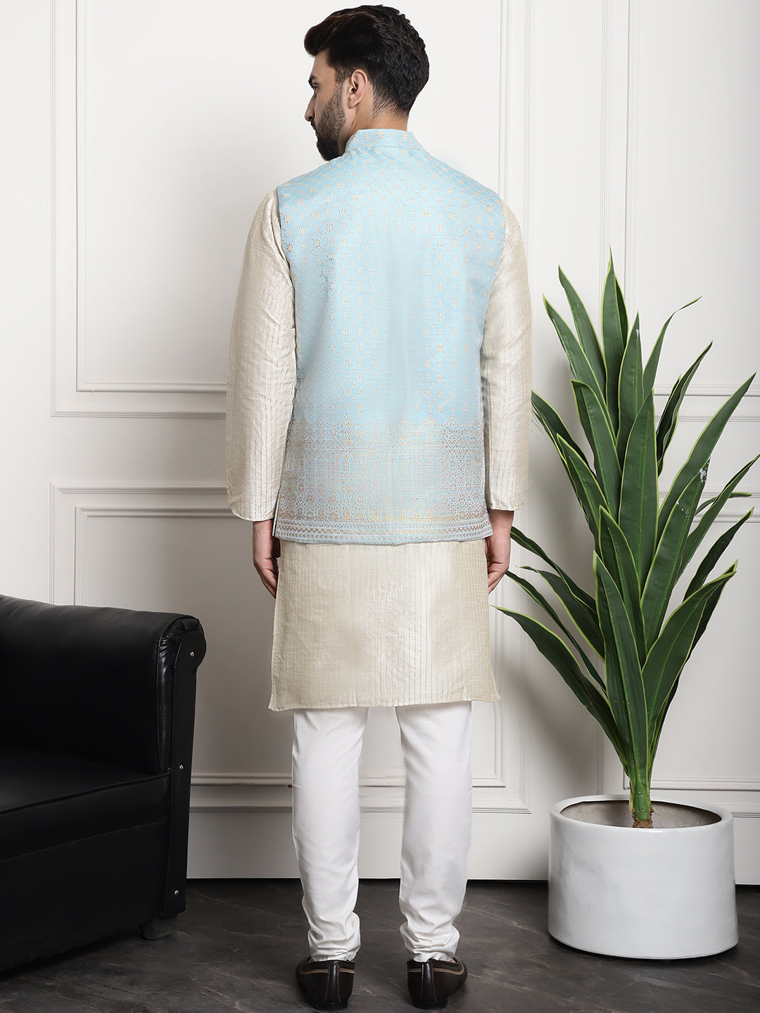 Men's Silk Blend Cream Kurta and Off-White Pyjama With Blue Nehru Jacket