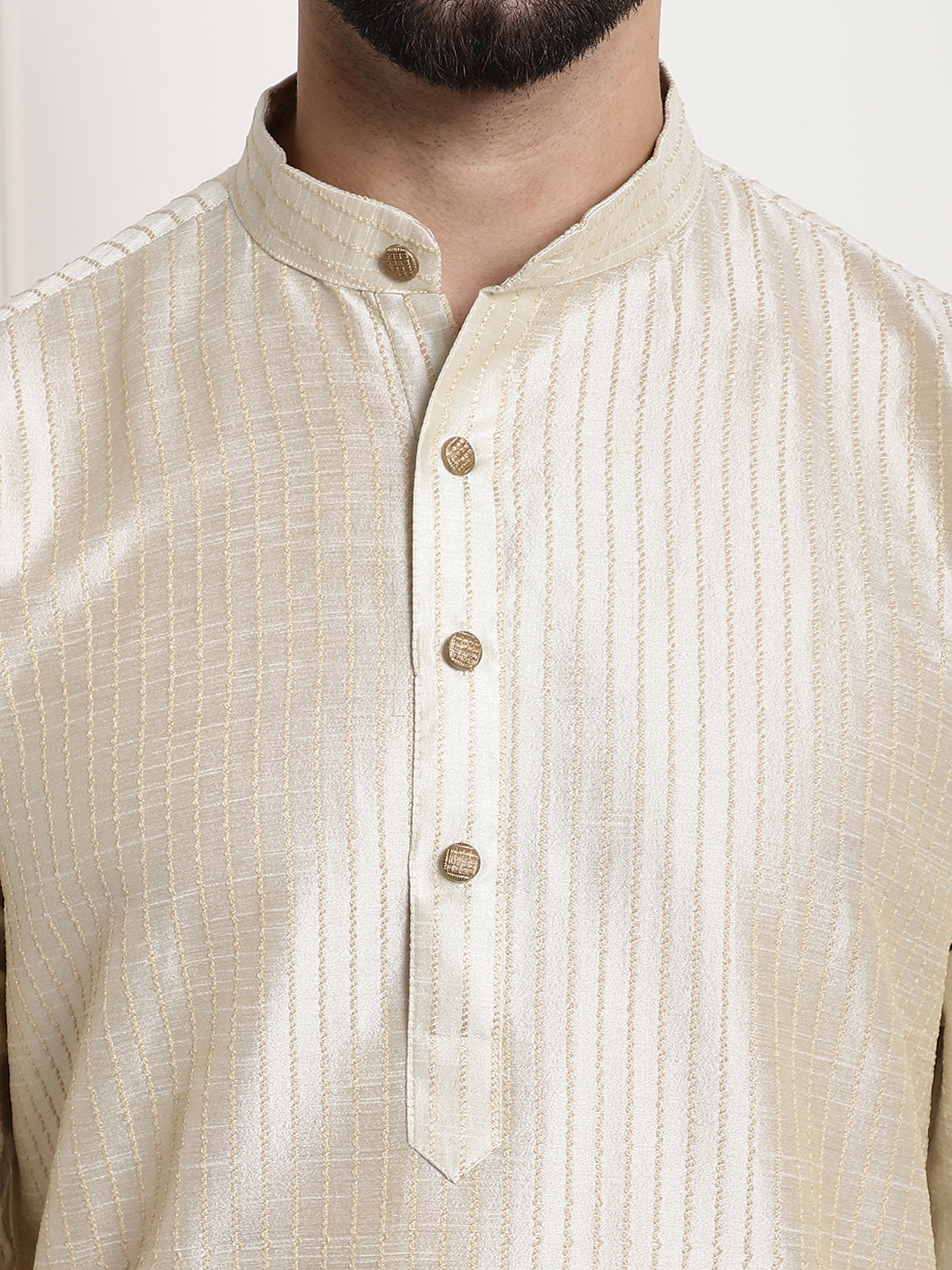 Men's Silk Blend Cream Kurta and Off-White Pyjama With Blue Nehru Jacket