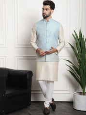 Men's Silk Blend Cream Kurta and Off-White Pyjama With Blue Nehru Jacket