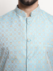 Men's Silk Blend Cream Kurta and Off-White Pyjama With Blue Nehru Jacket