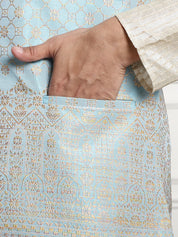 Men's Silk Blend Cream Kurta and Off-White Pyjama With Blue Nehru Jacket