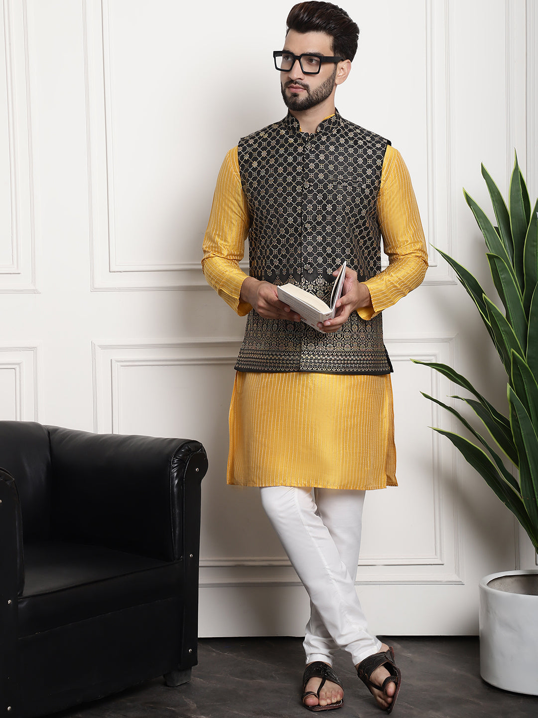 Men's Silk Blend Mustard Kurta and Off-White Pyjama With Black Nehru Jacket