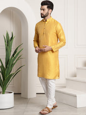 Men's Silk Blend Mustard Kurta and Off-White Pyjama With Black Nehru Jacket