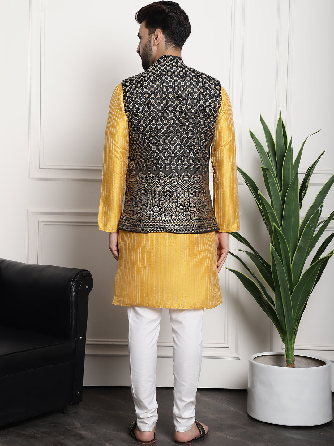 Men's Silk Blend Mustard Kurta and Off-White Pyjama With Black Nehru Jacket