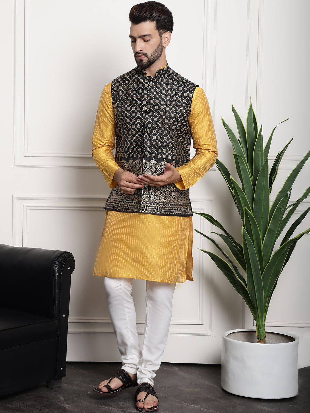 Men's Silk Blend Mustard Kurta and Off-White Pyjama With Black Nehru Jacket