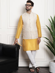 Men's Silk Blend Mustard Kurta and Off-White Pyjama With Cream Nehru Jacket