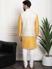 Men's Silk Blend Mustard Kurta and Off-White Pyjama With Cream Nehru Jacket