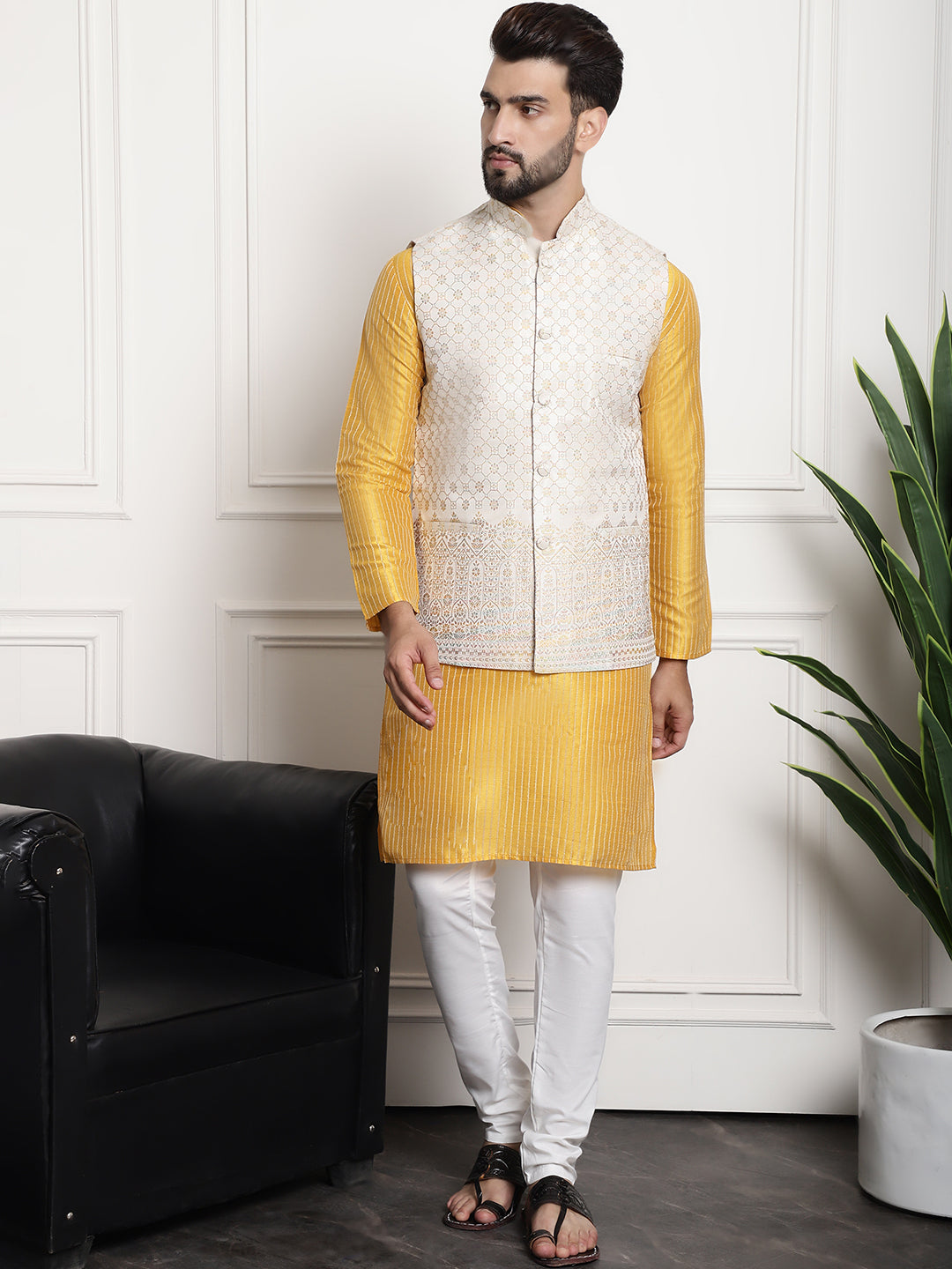 Men's Silk Blend Mustard Kurta and Off-White Pyjama With Cream Nehru Jacket