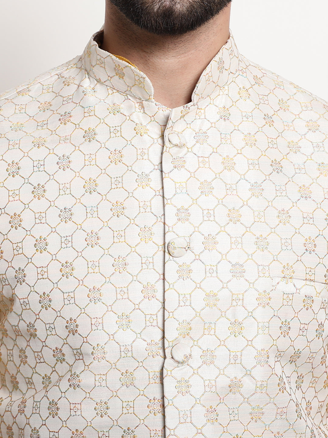 Men's Silk Blend Mustard Kurta and Off-White Pyjama With Cream Nehru Jacket