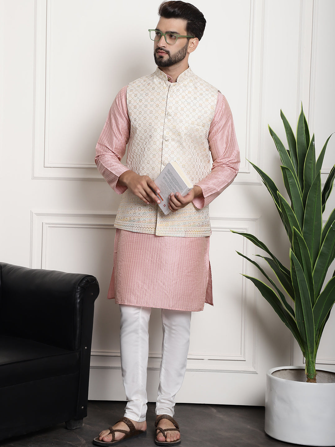 Men's Silk Blend Pink Kurta and Off-White Pyjama With Cream Nehru Jacket