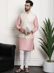 Men's Silk Blend Pink Kurta and Off-White Pyjama With Cream Nehru Jacket