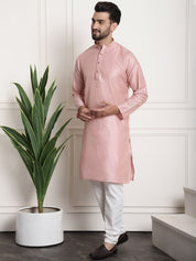 Men's Silk Blend Pink Kurta and Off-White Pyjama With Cream Nehru Jacket