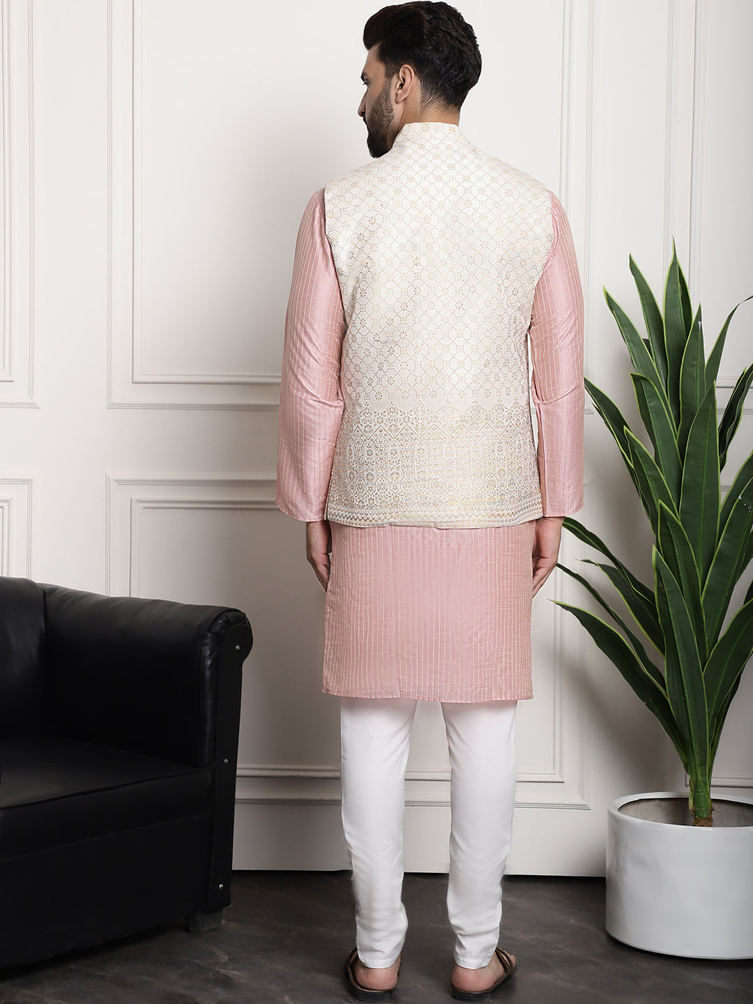 Men's Silk Blend Pink Kurta and Off-White Pyjama With Cream Nehru Jacket