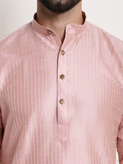 Men's Silk Blend Pink Kurta and Off-White Pyjama With Cream Nehru Jacket