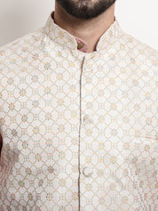 Men's Silk Blend Pink Kurta and Off-White Pyjama With Cream Nehru Jacket