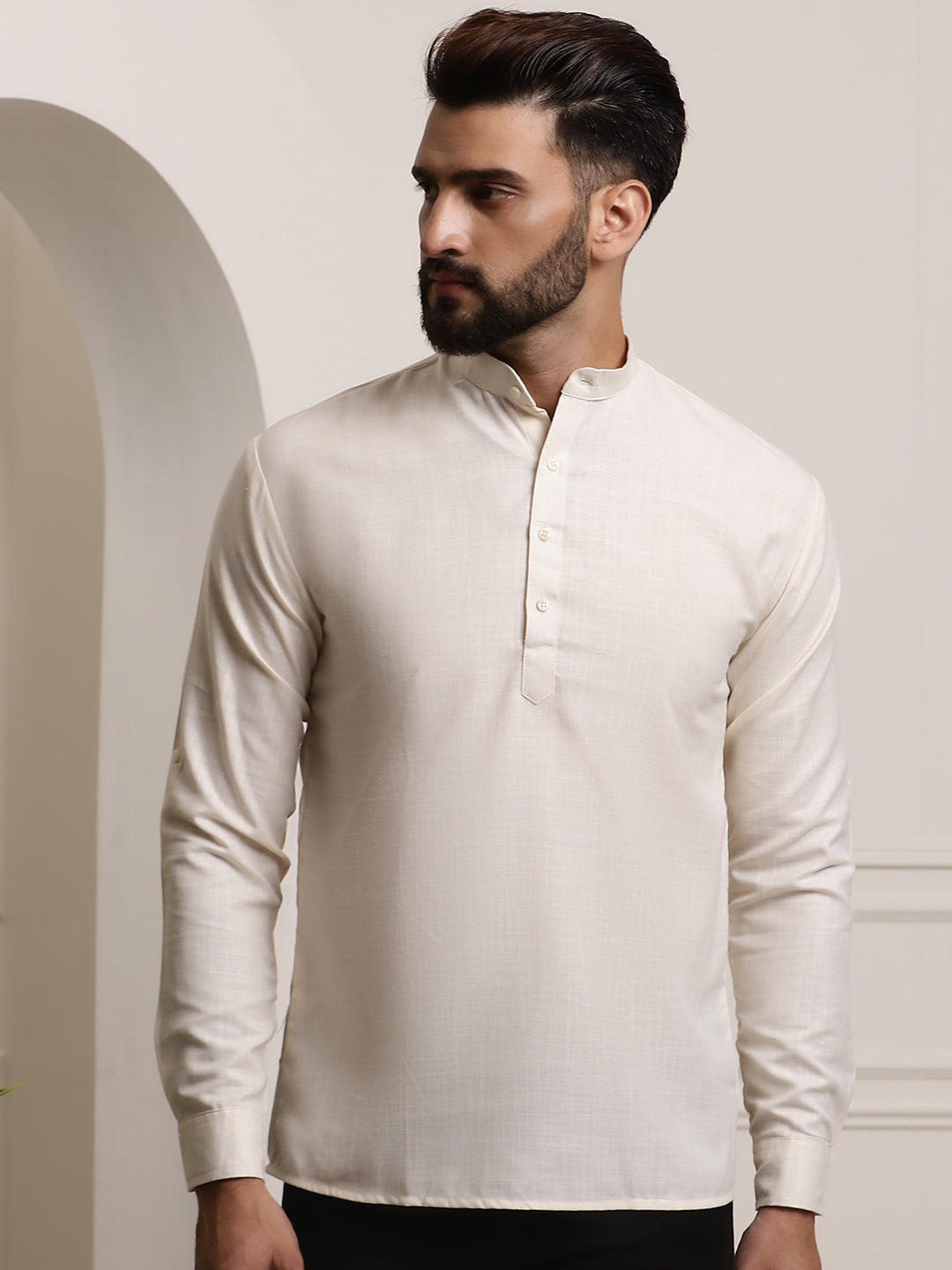 Men's Cotton Blend Cream Solid ONLY Short Kurta