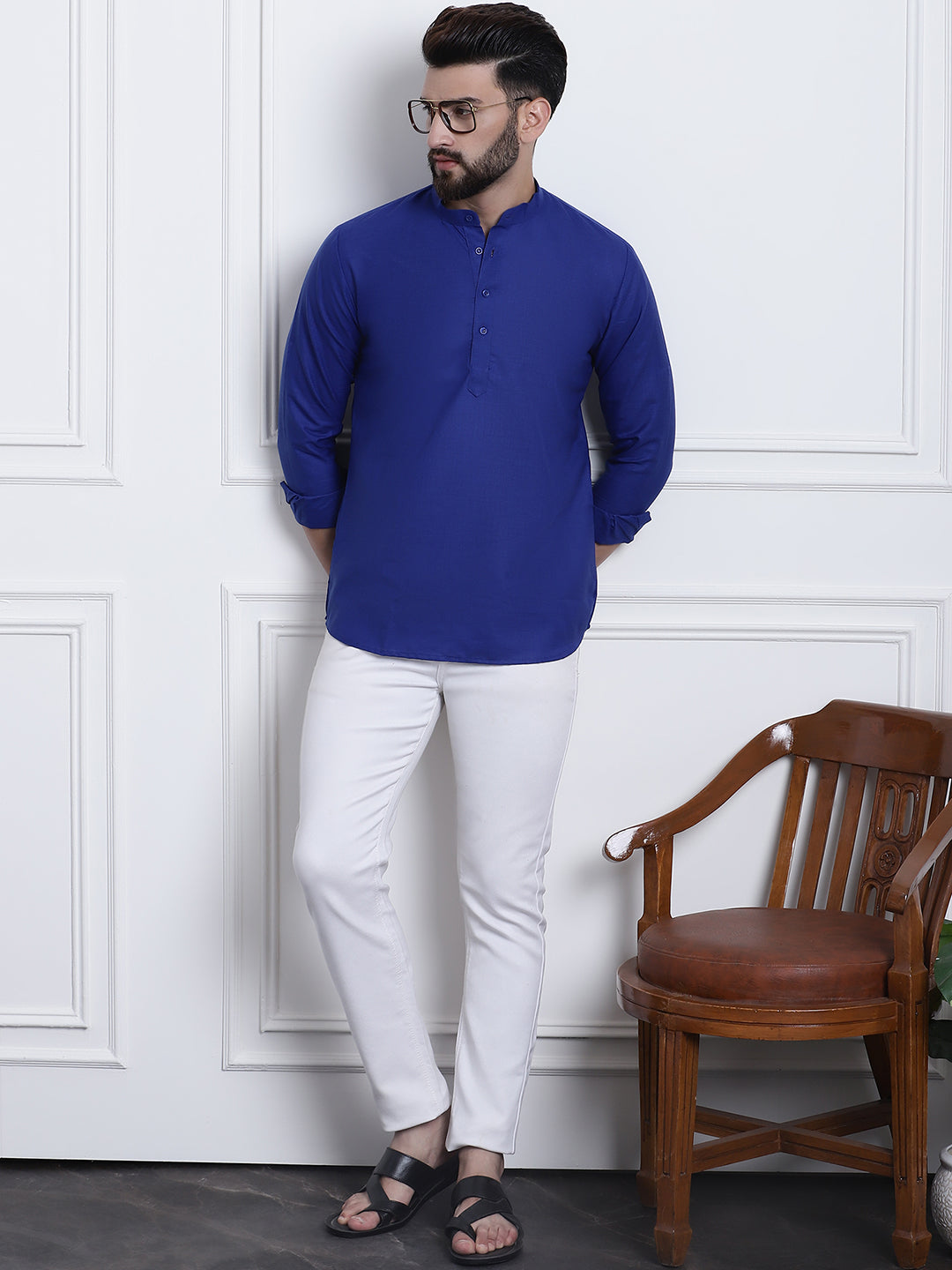 Men's Cotton Blend Royal Blue Solid ONLY Short Kurta