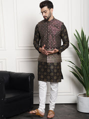 Men's Silk Blend Print Black Kurta and Off-White pyjama With Wine Nehrujacket