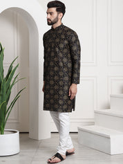 Men's Silk Blend Print Black Kurta and Off-White pyjama With Wine Nehrujacket