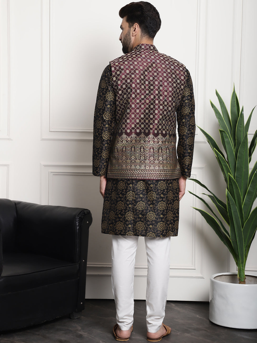 Men's Silk Blend Print Black Kurta and Off-White pyjama With Wine Nehrujacket