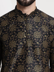 Men's Silk Blend Print Black Kurta and Off-White pyjama With Wine Nehrujacket