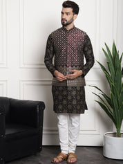 Men's Silk Blend Print Black Kurta and Off-White pyjama With Wine Nehrujacket