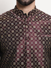 Men's Silk Blend Print Black Kurta and Off-White pyjama With Wine Nehrujacket