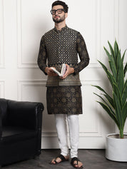 Men's Silk Blend Print Black Kurta and Cream Pyjama With Black Nehru Jacket