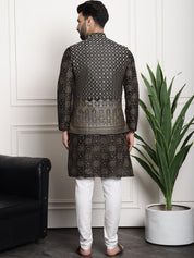 Men's Silk Blend Print Black Kurta and Cream Pyjama With Black Nehru Jacket