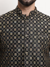 Men's Silk Blend Print Black Kurta and Cream Pyjama With Black Nehru Jacket