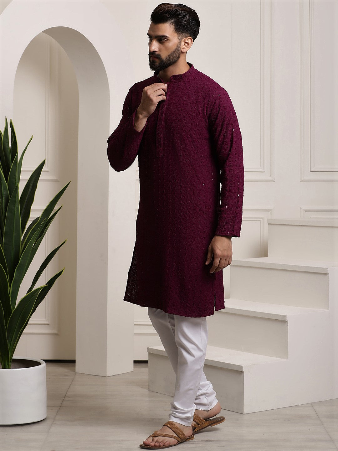 Men's Cotton Seqence Purple Kurta & White Pyjama With Black Nehrujacket