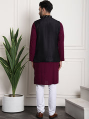 Men's Cotton Seqence Purple Kurta & White Pyjama With Black Nehrujacket