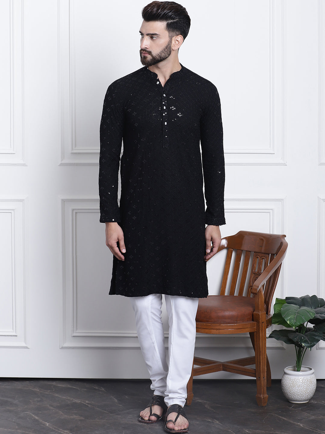 Men's Sequence Black Cotton Kurta and White Pyjama