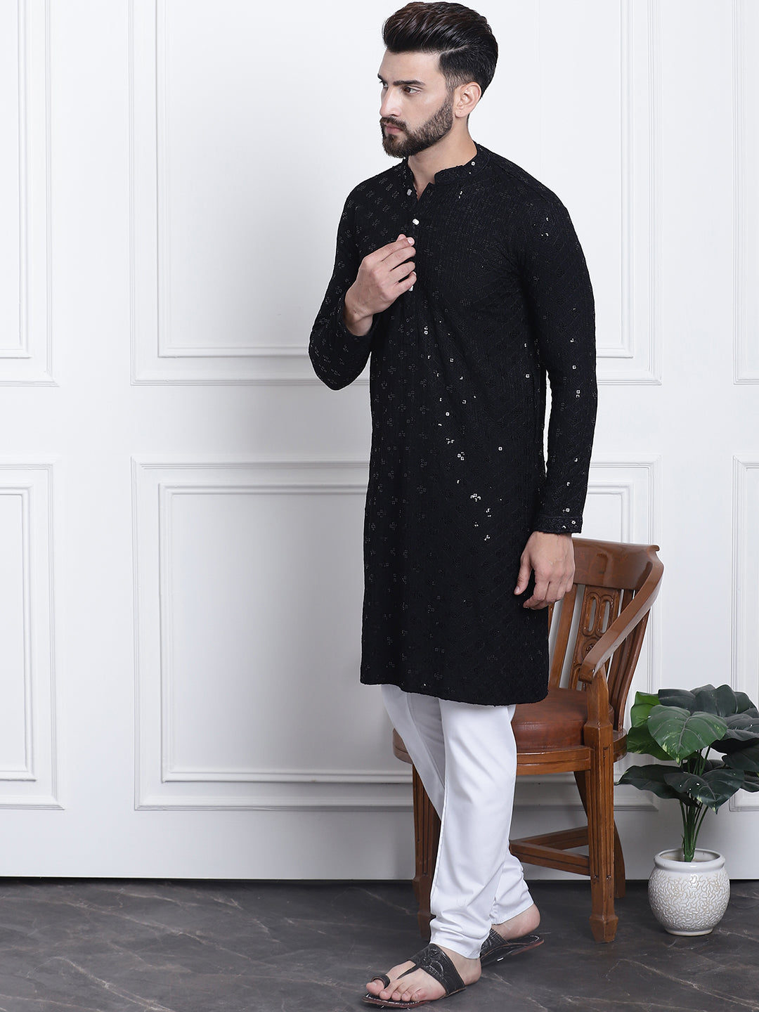 Men's Sequence Black Cotton Kurta and White Pyjama