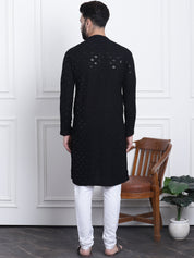 Men's Sequence Black Cotton Kurta and White Pyjama