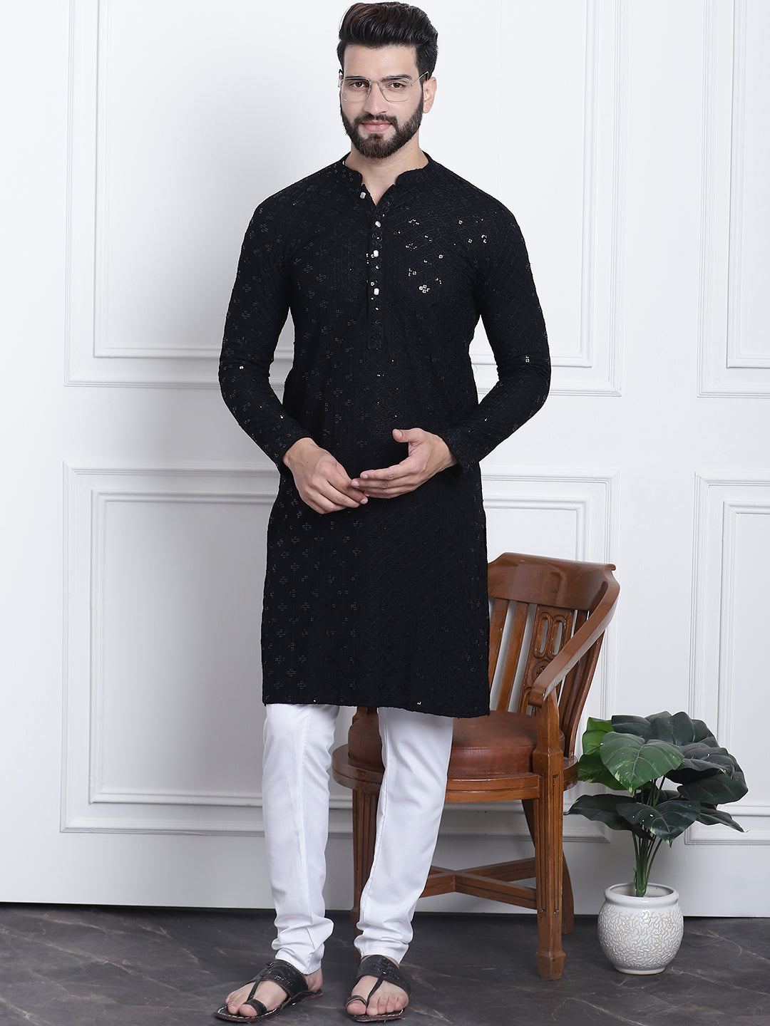 Men's Sequence Black Cotton Kurta and White Pyjama