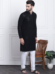 Men's Sequence Black Cotton Kurta and White Pyjama