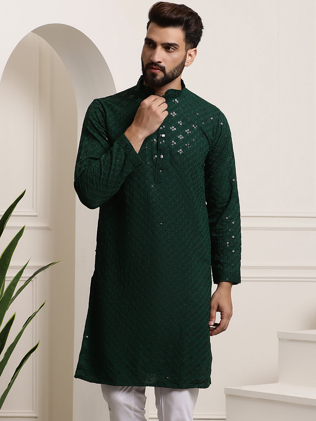 Men's Pure Cotton Green Embroidered 4Booti Sequence Kurta