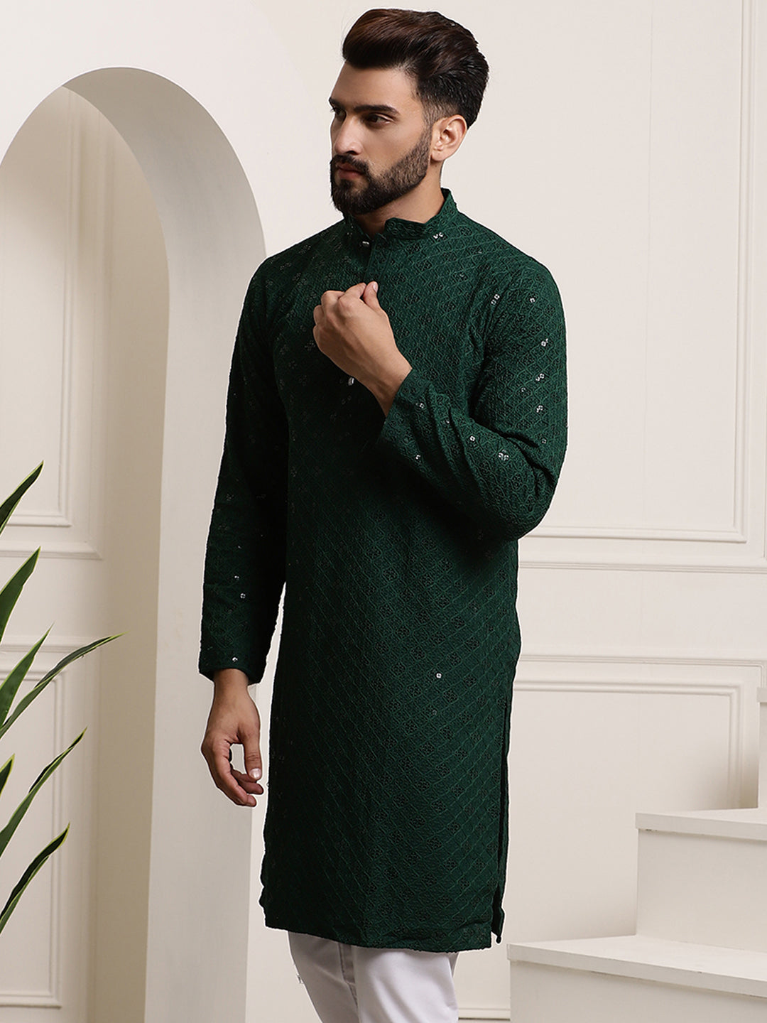 Men's Pure Cotton Green Embroidered 4Booti Sequence Kurta