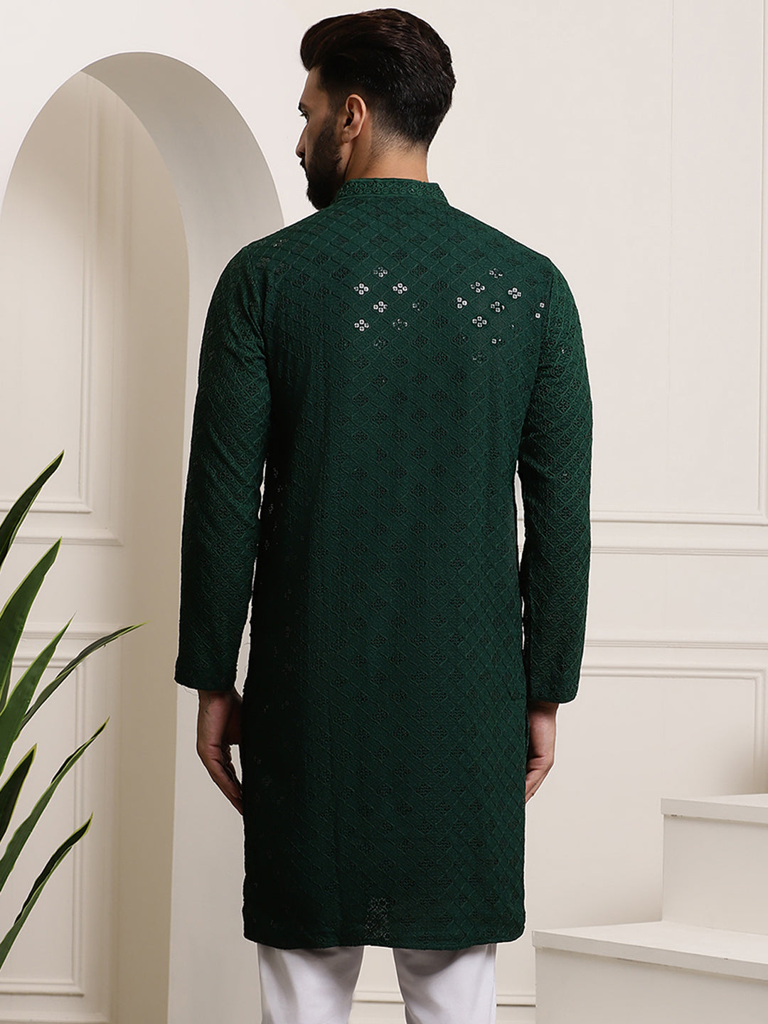 Men's Pure Cotton Green Embroidered 4Booti Sequence Kurta