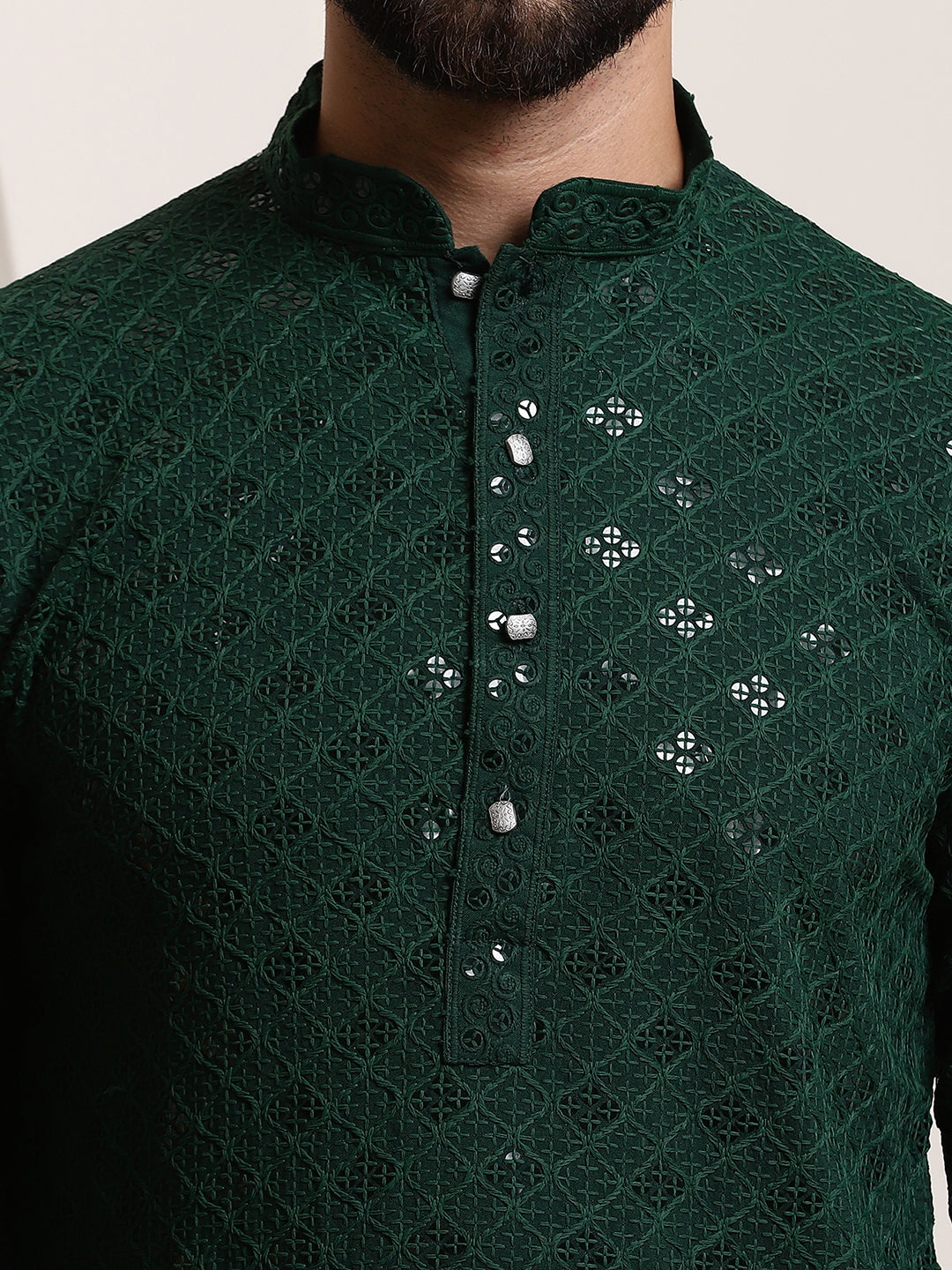 Men's Pure Cotton Green Embroidered 4Booti Sequence Kurta