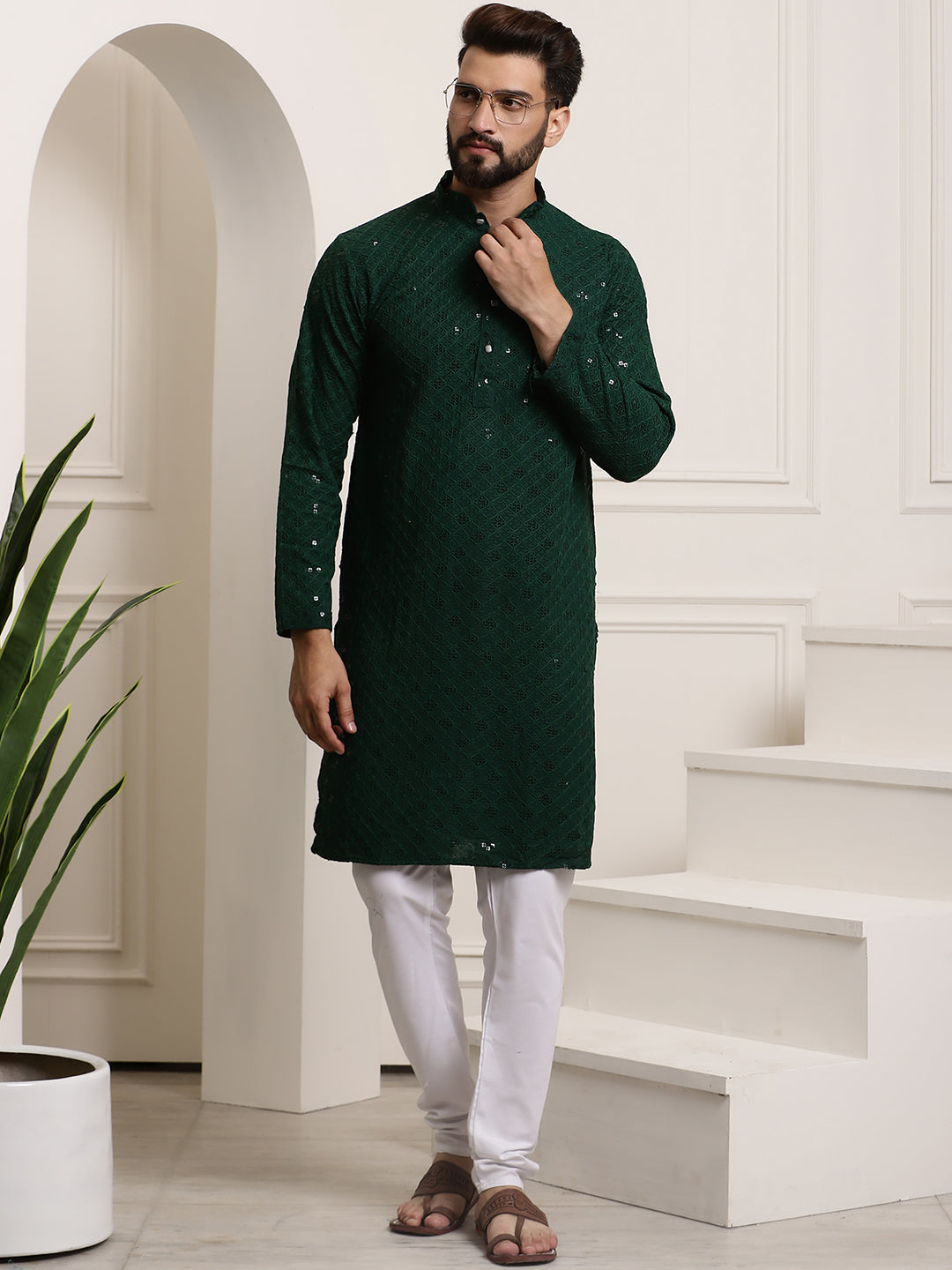 Men's Pure Cotton Green Embroidered 4Booti Sequence Kurta