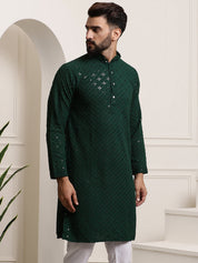 Men's Pure Cotton Green Embroidered 4Booti Sequence Kurta