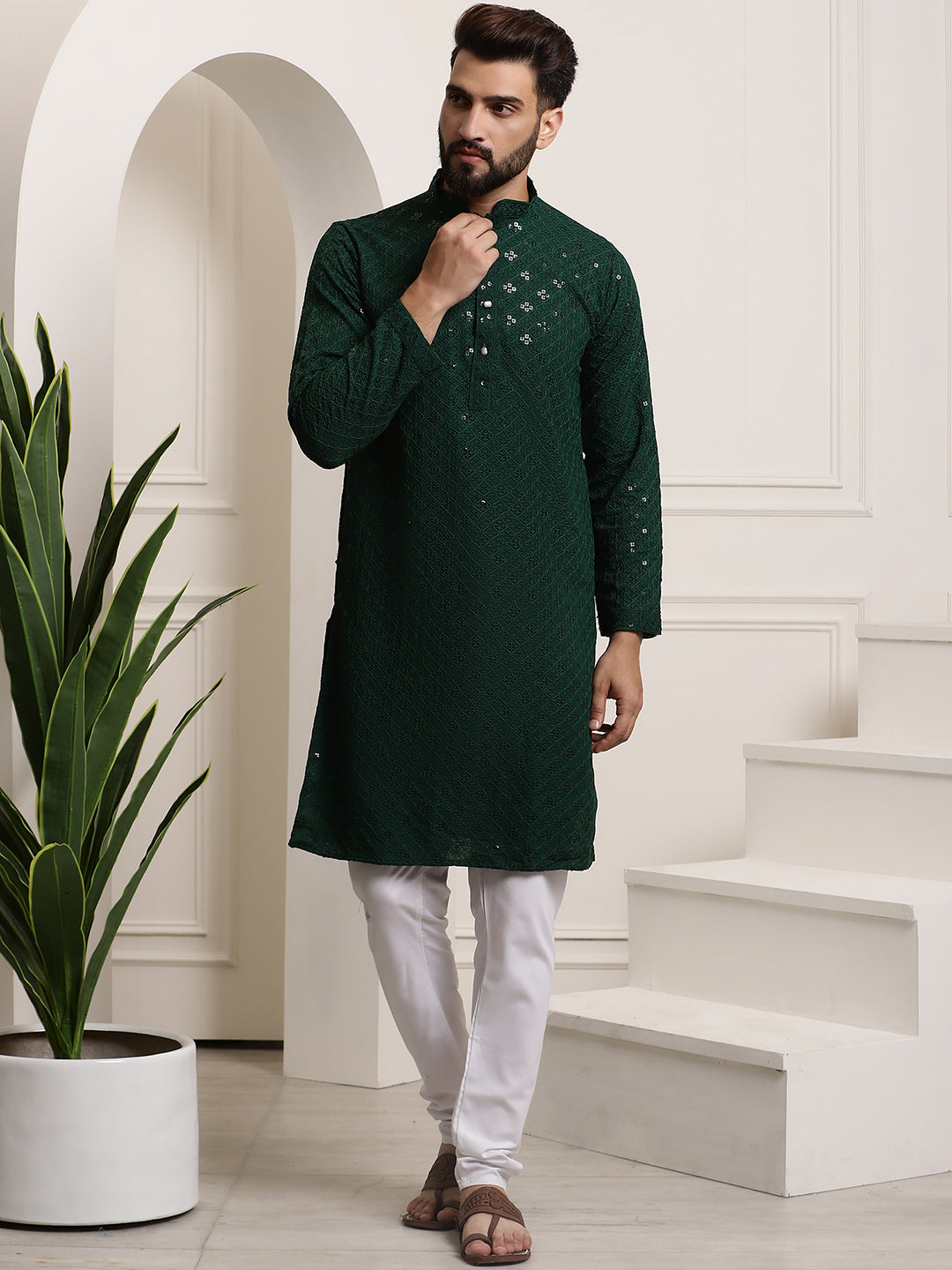 Men's Sequence Green Cotton Kurta and White Pyjama