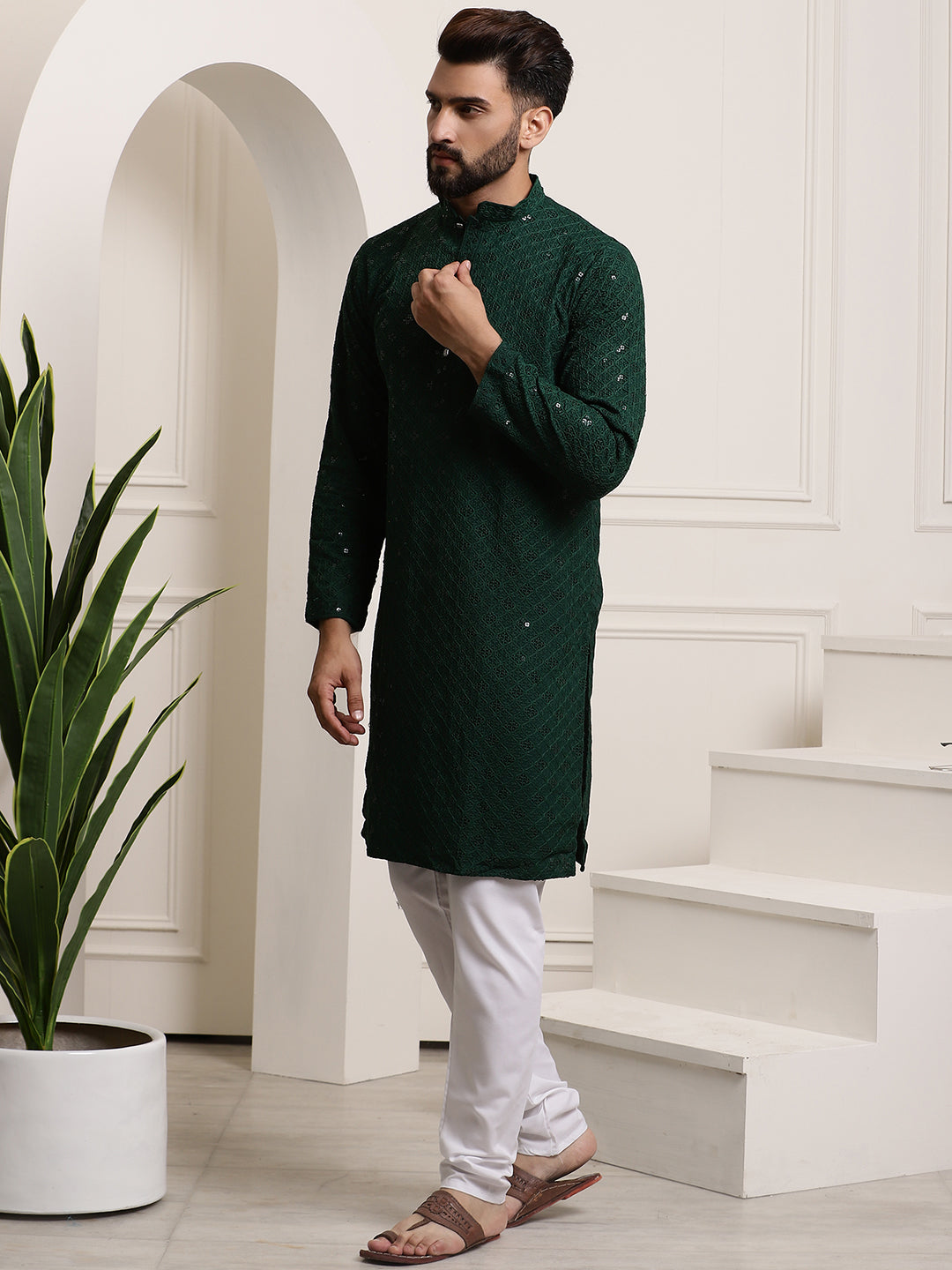 Men's Sequence Green Cotton Kurta and White Pyjama