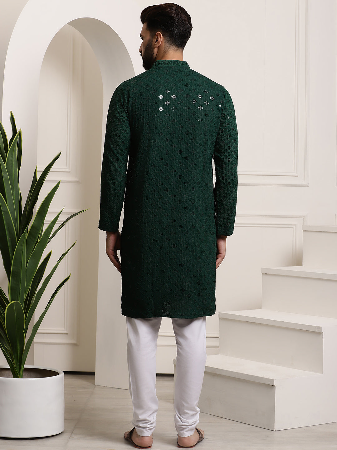 Men's Sequence Green Cotton Kurta and White Pyjama