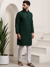 Men's Sequence Green Cotton Kurta and White Pyjama