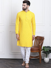 Men's Sequence Yellow Cotton Kurta and White Pyjama